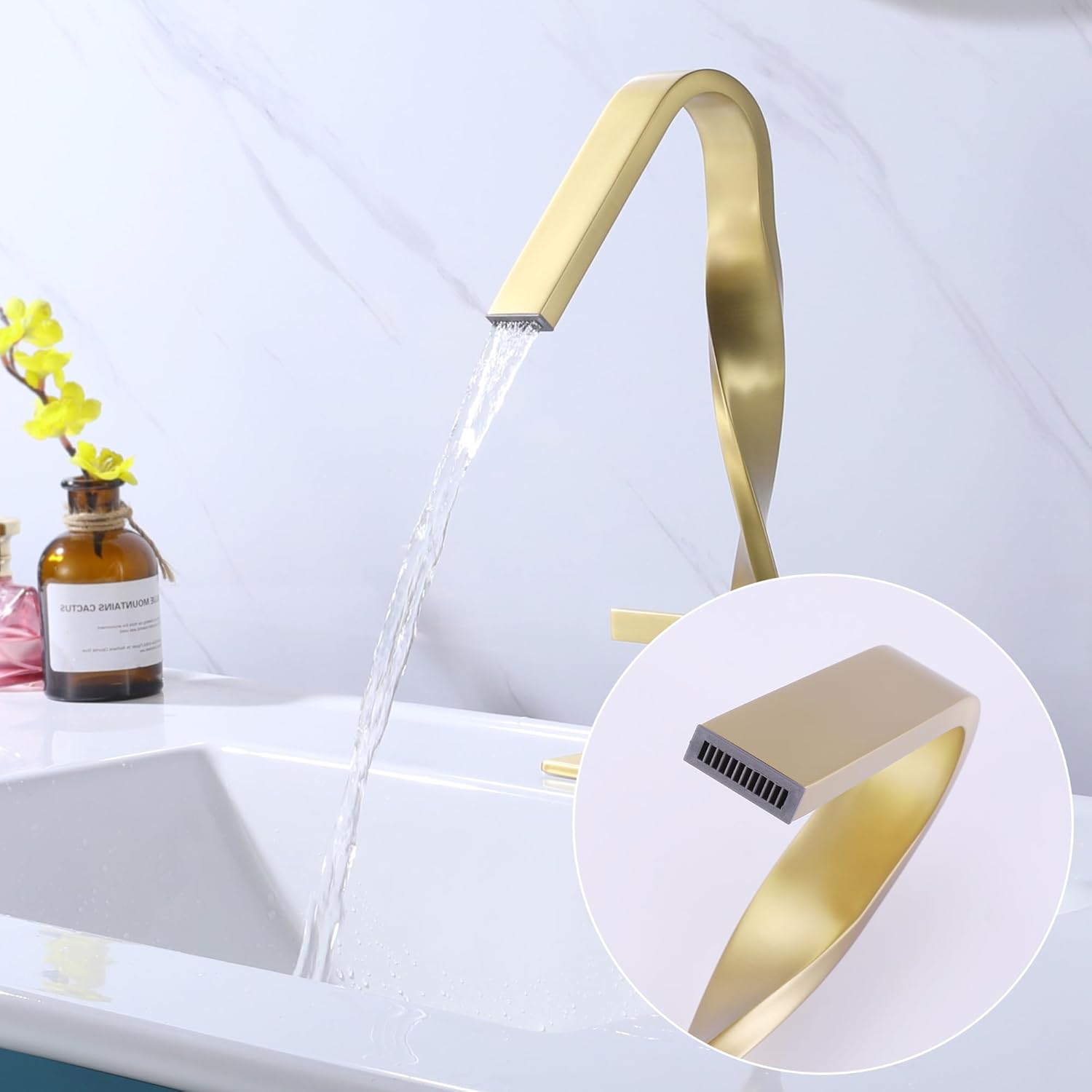 Grifo de baño en cascada, grifos de fregadero de oro cepillado para 1 o 3 agujeros, grifo de latón de una sola manija con placa de escritorio de 6
