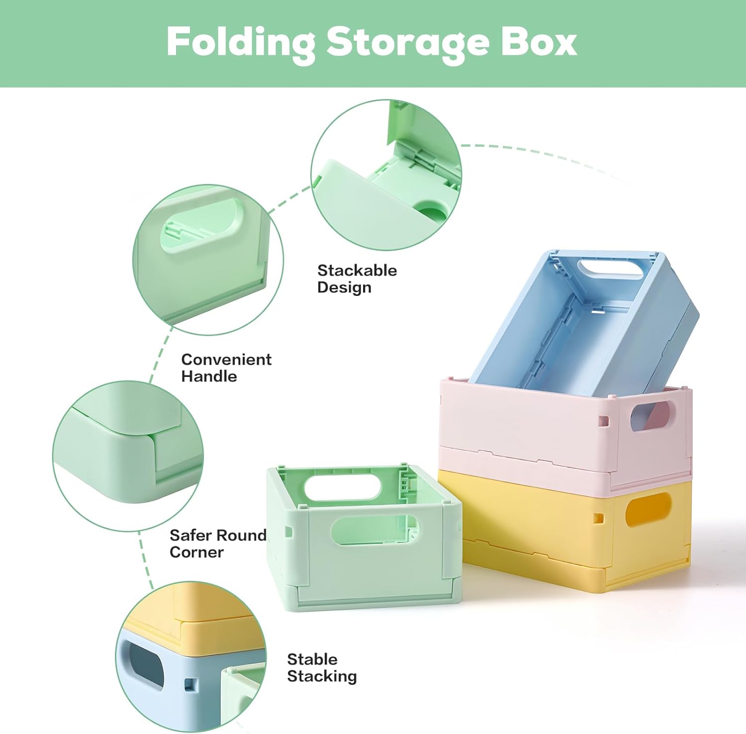 TRZZ Paquete de 2 mini cajas organizadoras de plástico plegables de plástico, contenedores apilables lindos para oficina y hogar, dormitorio, baño y