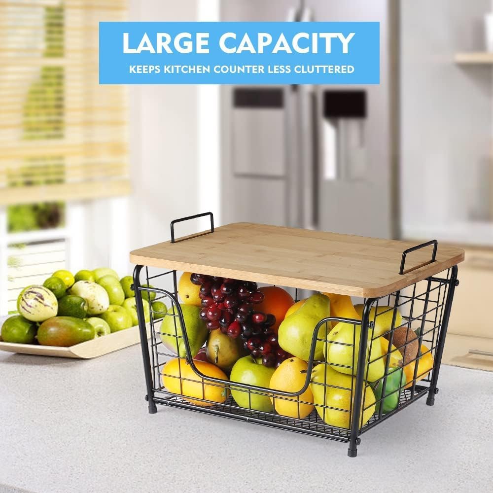 Cesta de frutas, organizador apilable para encimera, cesta de alambre con tapa superior de bambú, cesta de verduras para mostrador, soporte para pan