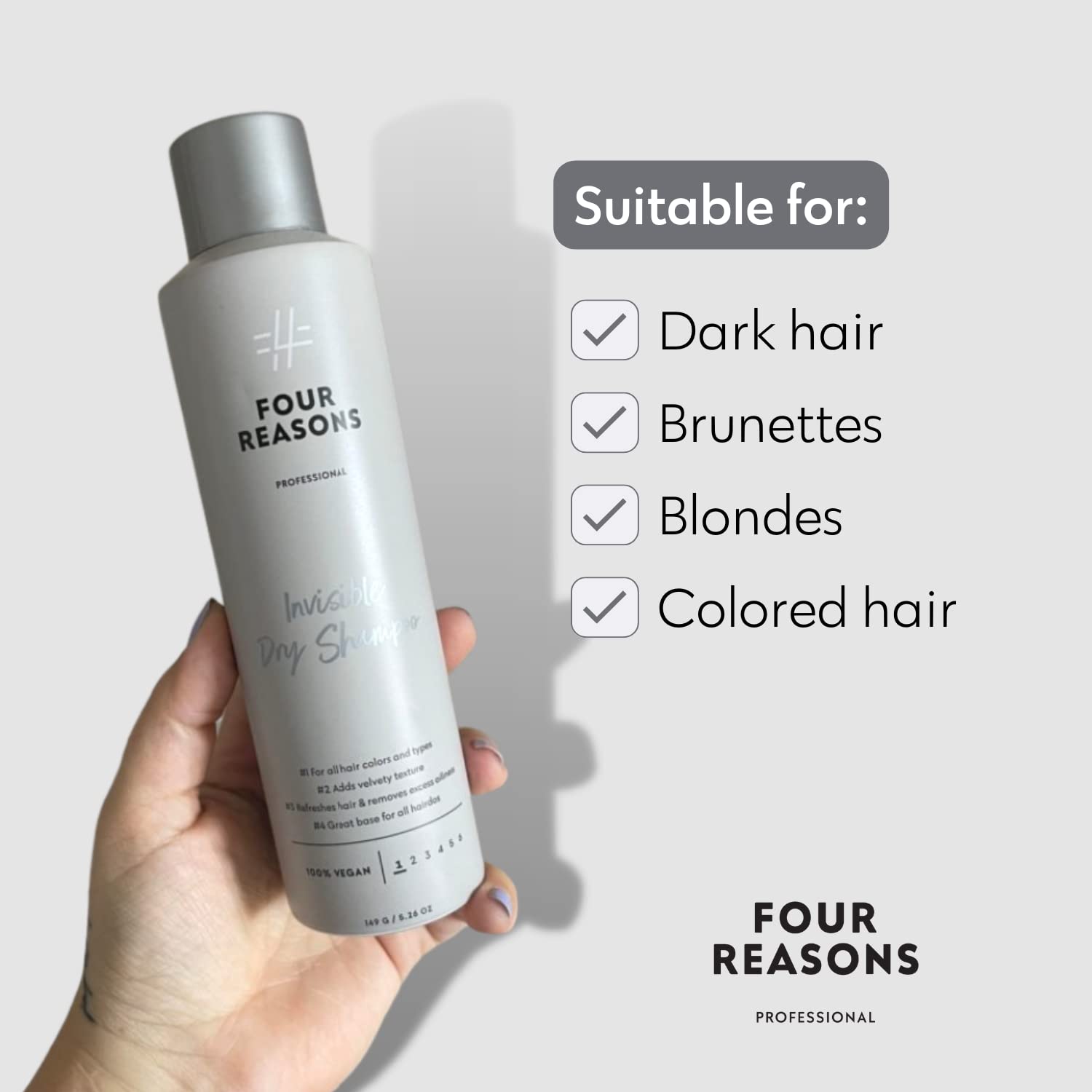 FOUR REASONS Champú seco invisible para mujeres, champú seco en polvo fino sin residuos visibles para todos los colores de cabello, añade volumen,
