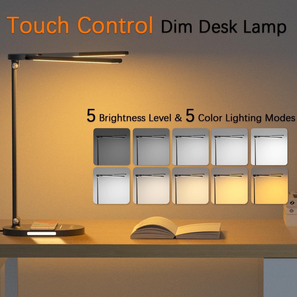 Lámparas de escritorio de doble cabezal 4.0 Pro, 80 LED para oficina en casa con cargador inalámbrico y puerto de carga USB, 5 modos, luz nocturna,