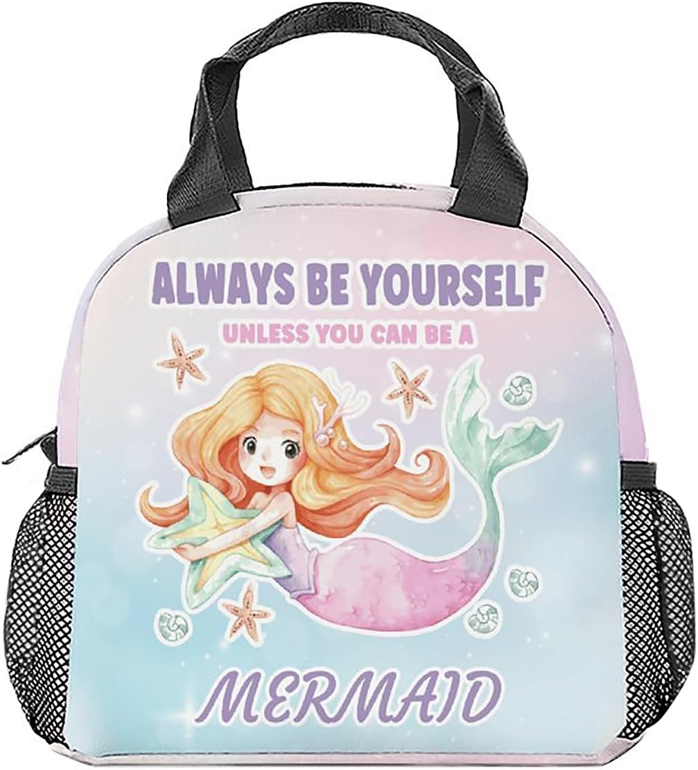 Lonchera de sirena para niños, adolescentes  Bolsas de almuerzo reutilizables aisladas con bolsillos  Pequeña lonchera colorida para niñas y mujeres