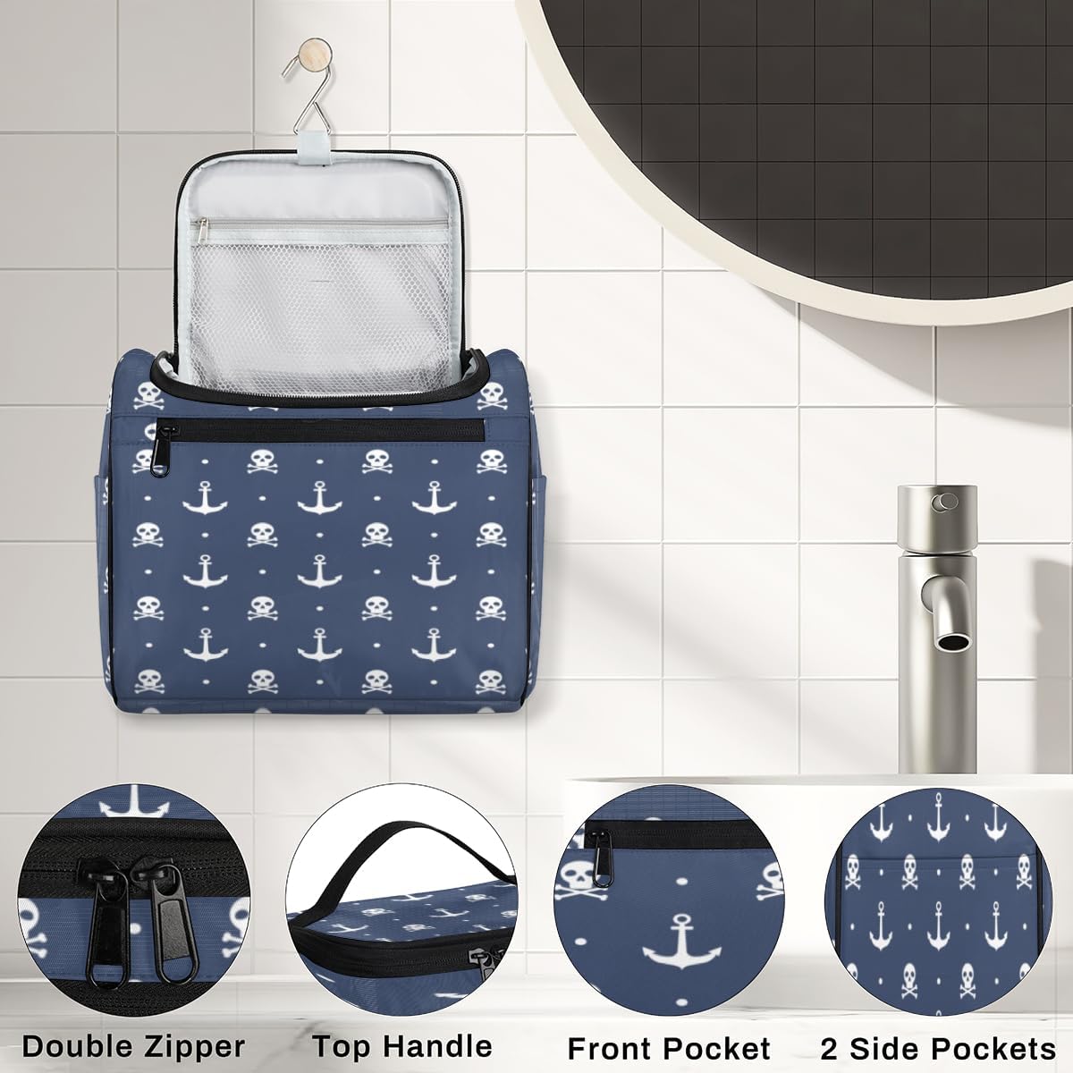 Skull Interesting Toiletry Bag for Women Travel Makeup Organizer with Hanging Hook Traveling Cosmetic Bags for Toiletries Accessories