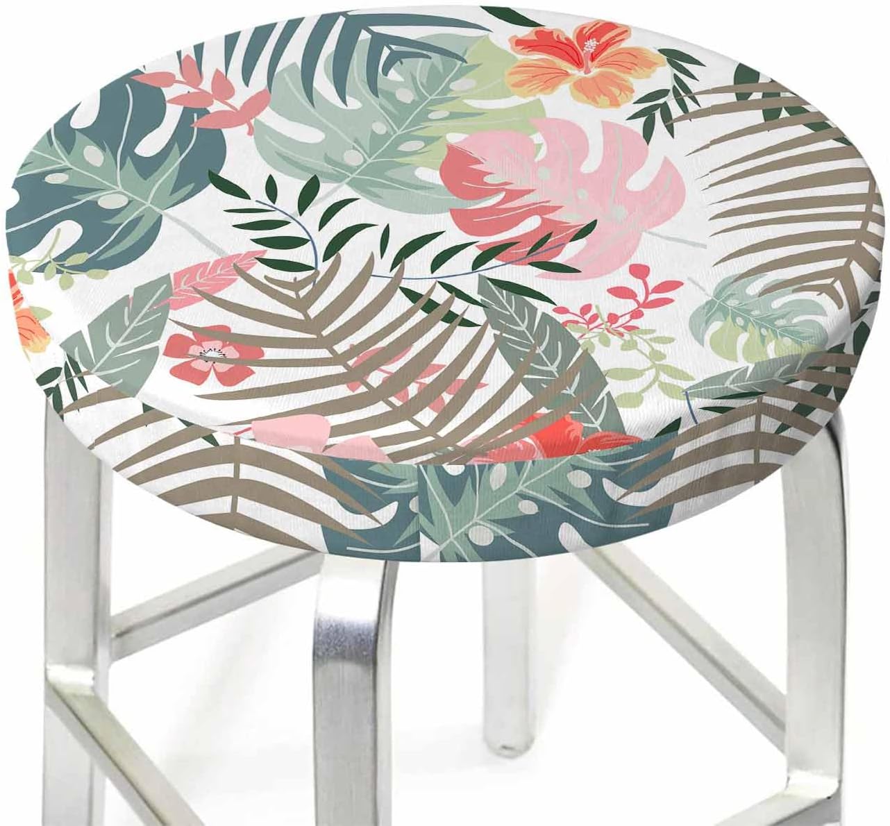 Swono Funda redonda para taburete de bar con hojas tropicales verdes modernas, cojín suave para asiento de bar, funda de cojín para silla de bar, 12