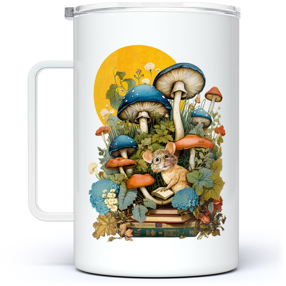 Cozy Woodland Book Mouse Cottagecore Insulated Travel Coffee Mug with Lid, Bookish Mushroom Nature Cup (18oz)