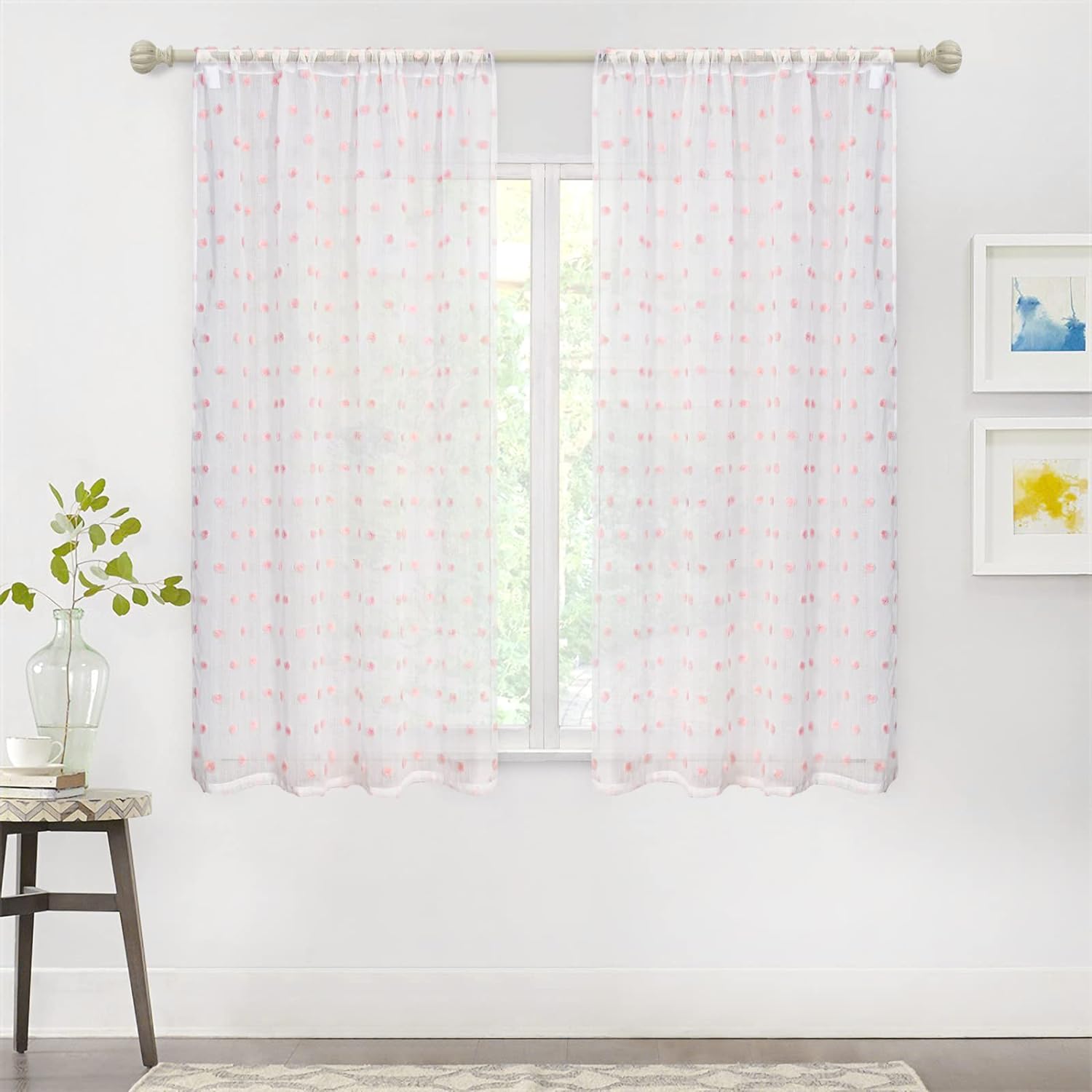 MYSKY HOME Cortinas de cocina de 45 pulgadas, cortinas pequeñas para ventana de baño, cafetería, dormitorio, con pompones rosados, cortinas