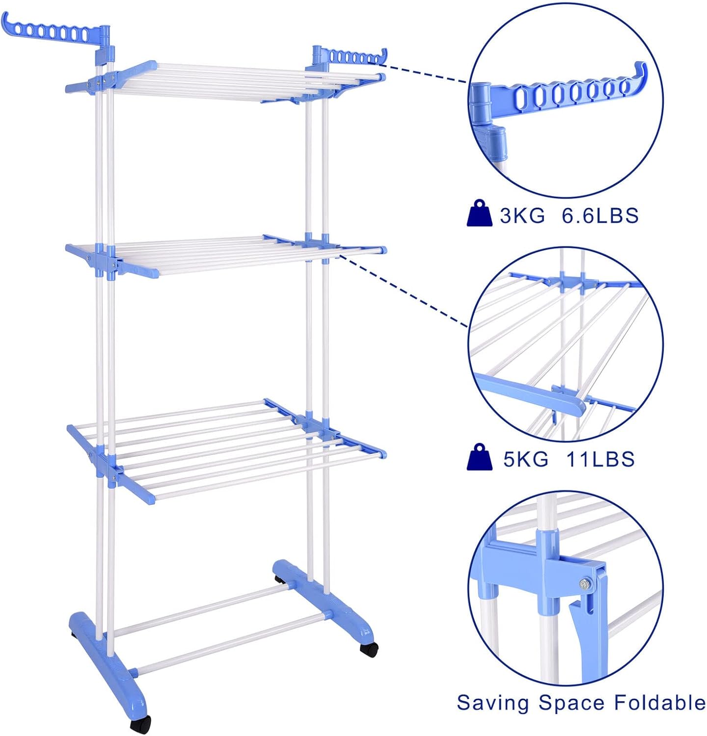 Tendedero plegable de 3 niveles para secadora de ropa, soporte ajustable con 6 bandejas plegables, 2 alas laterales adicionales, fácil almacenamiento