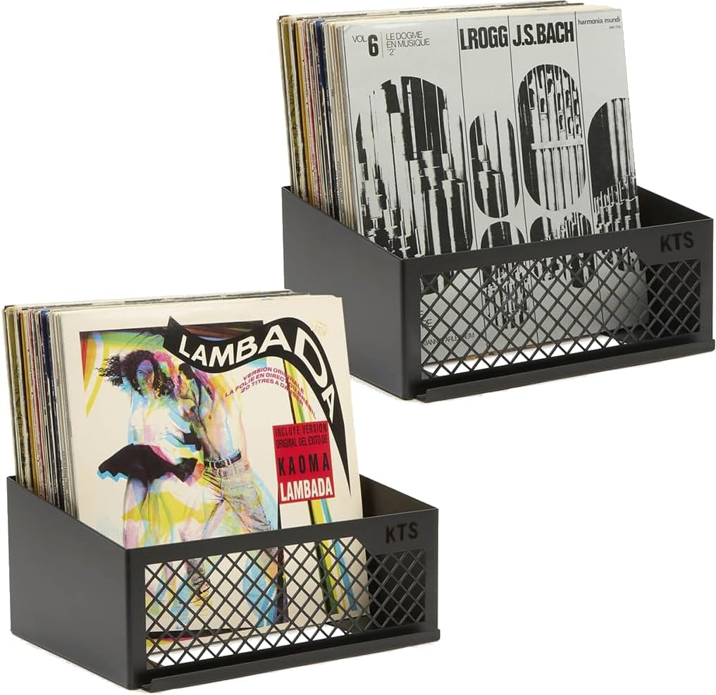 Almacenamiento de discos de vinilo, juego de 2 soportes de montaje en pared para hasta 50 LPs con pantalla de reproducción de Now Play, organizador