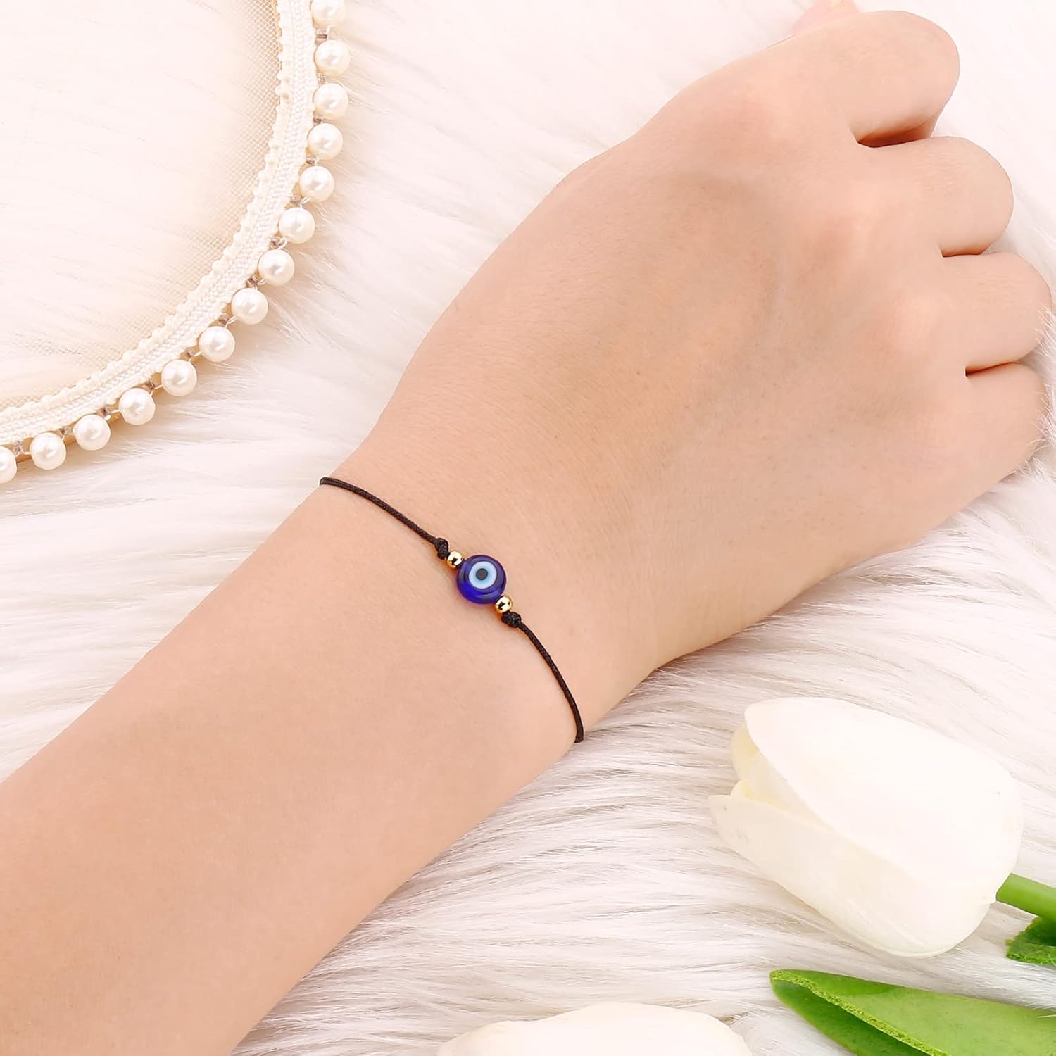 Evil Eye Bracelet Anklet Black Red String Lucky Protection Handmade Adjustable Bracelets for Women Men Boys Girls (Black string blue eye gold)