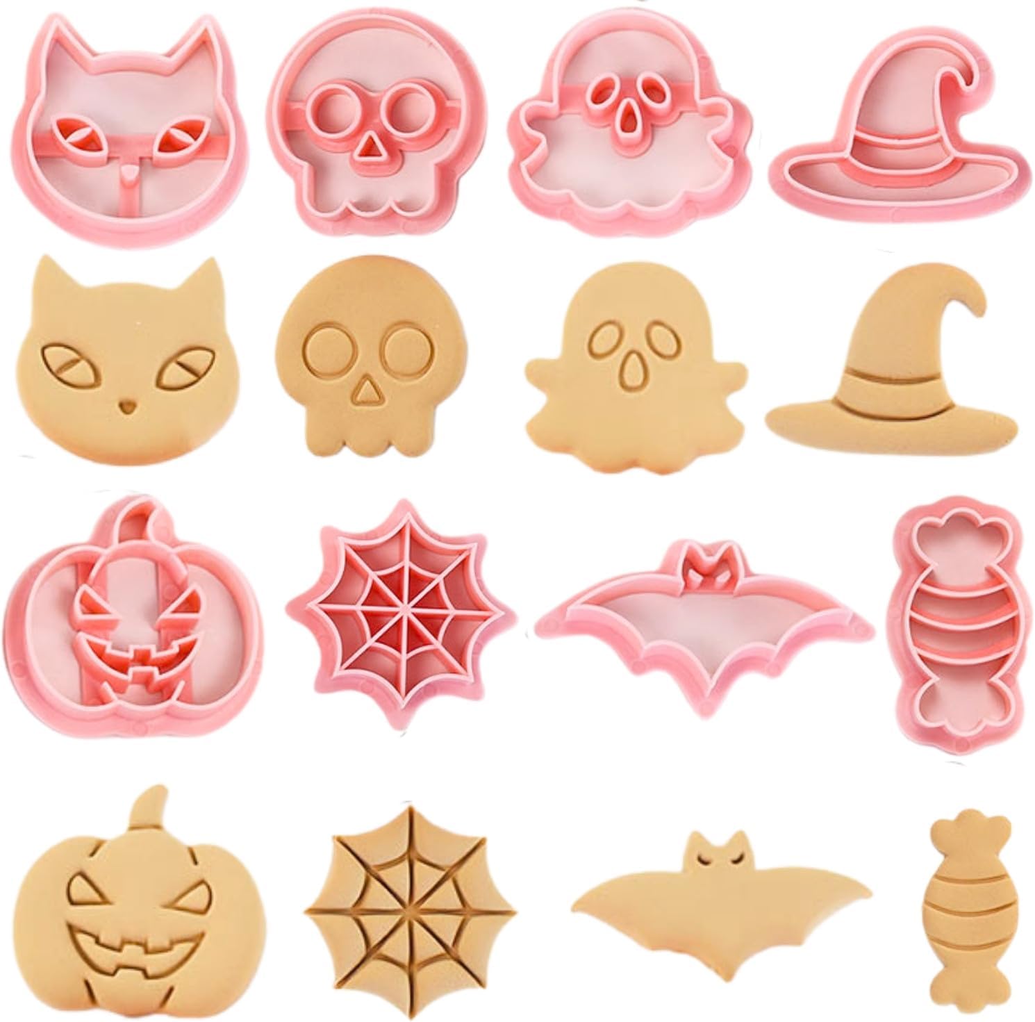 Juego de cortadores de galletas de Halloween  8 piezas de plástico sonriente de calabaza, calavera, sombrero de bruja, caramelo, telaraña,