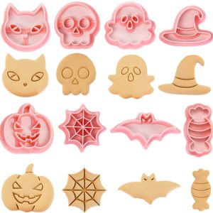 Juego de cortadores de galletas de Halloween  8 piezas de plástico sonriente de calabaza, calavera, sombrero de bruja, caramelo, telaraña, Juego de cortadores de galletas de Halloween  8 piezas de plástico sonriente de calabaza, calavera, sombrero de bruja, caramelo, telaraña,