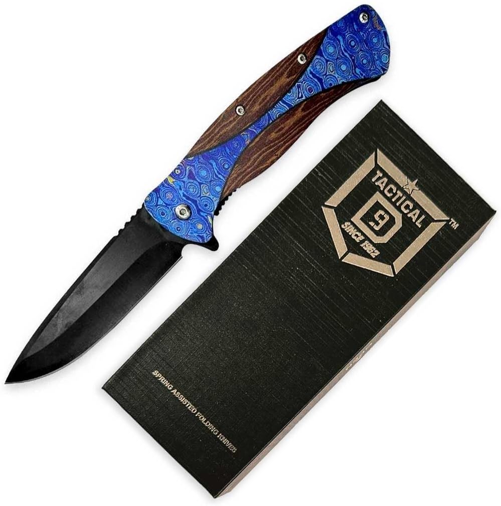 D9 Tactical Cuchillo de bolsillo plegable, cuchillo asistido por resorte con bloqueo de forro y agujero para cordón, mango impreso EDC cuchillo para