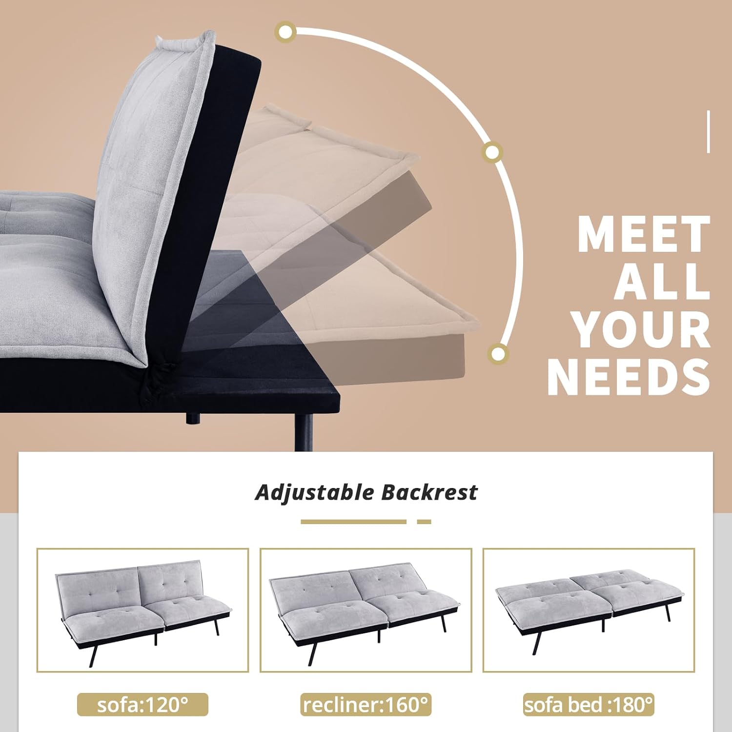 IULULU Sofá cama tipo futón, moderno, convertible, sin brazos, para estudio, apartamento, oficina, espacio pequeño, sala de estar compacta, color