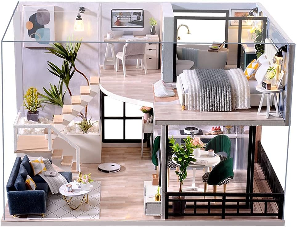 Cutebee – Casa de muñecas en miniatura con muebles, kit de casa de muñecas de madera DIY (hazlo tú mismo), a prueba de polvo, con música, se mueve,