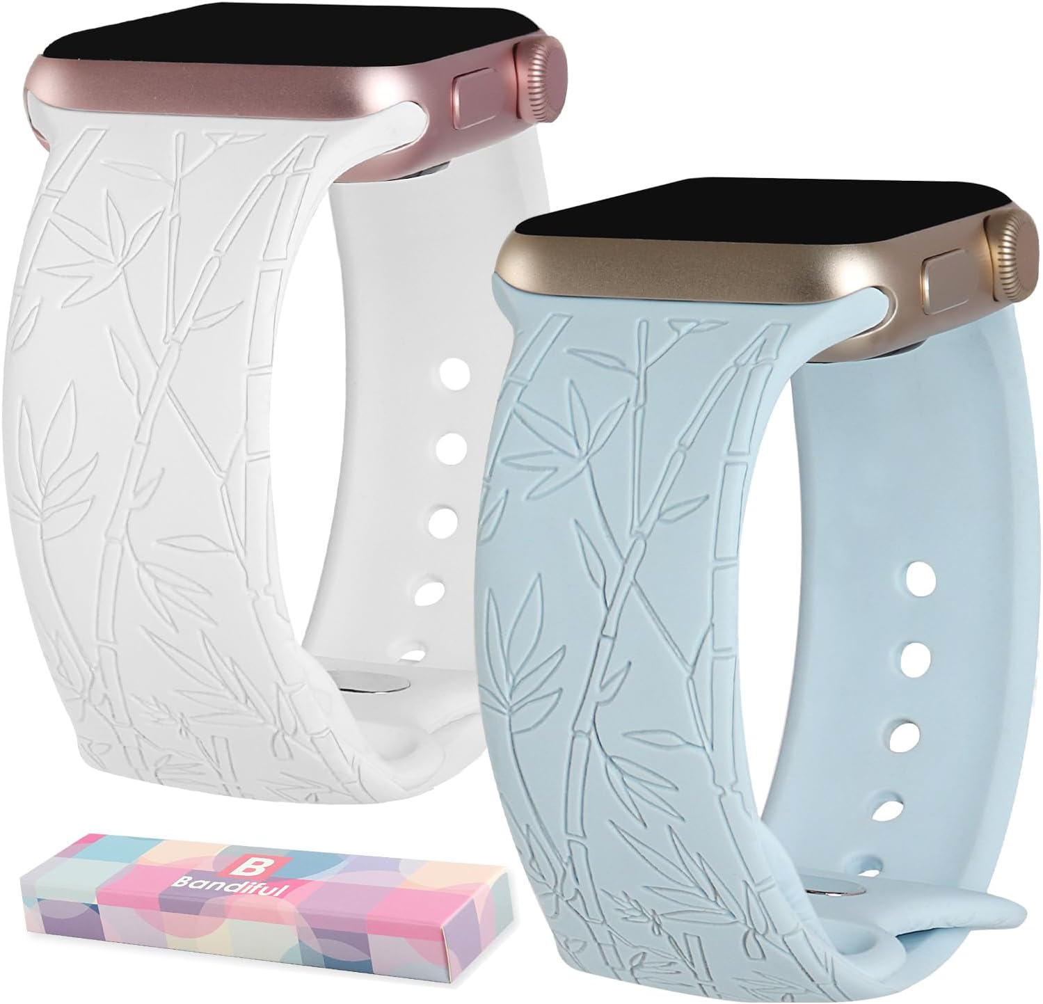 Paquete de 2 correas de bambú grabadas casuales compatibles con Apple Watch Band de 1.496 in 1.575 in 1.614 in 1.654 in 1.732 in 1.772 in 1.929 in,