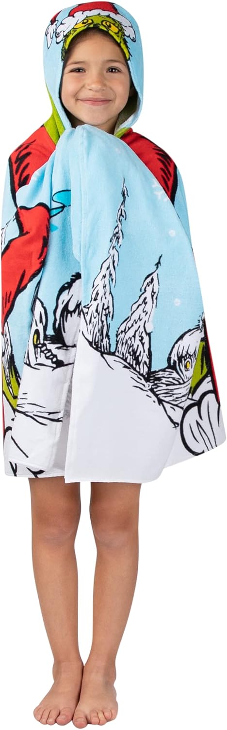 Franco Grinch by Dr. Seuss Holiday – Toalla de rizo de algodón suave con capucha para niños, 24 x 50 pulgadas, (producto oficial del Dr. Seuss)