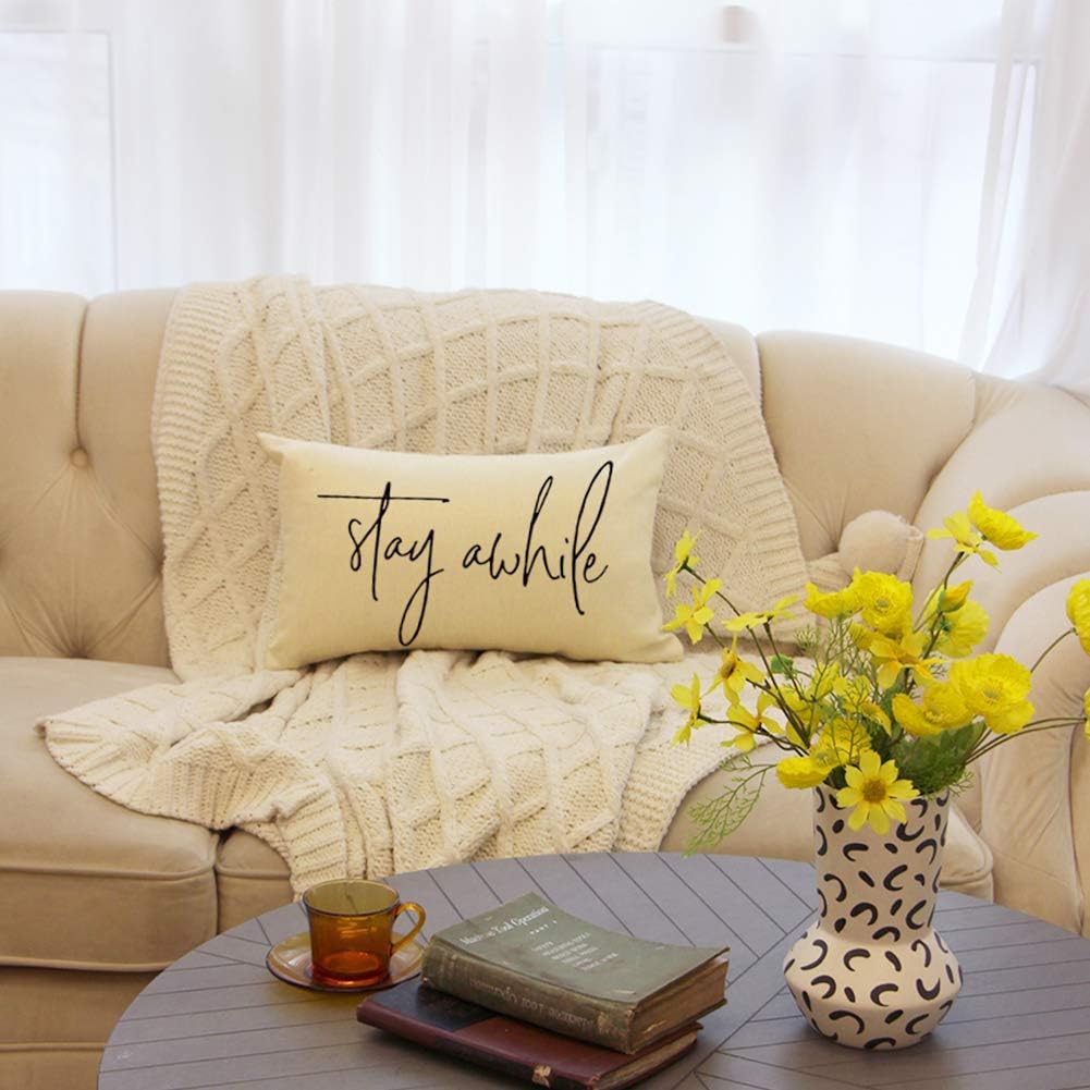 Ogiselestyle Fundas de almohada de granja con citas Stay Awhile de 12 x 20 pulgadas, fundas de almohada lumbares decorativas para el hogar, funda de