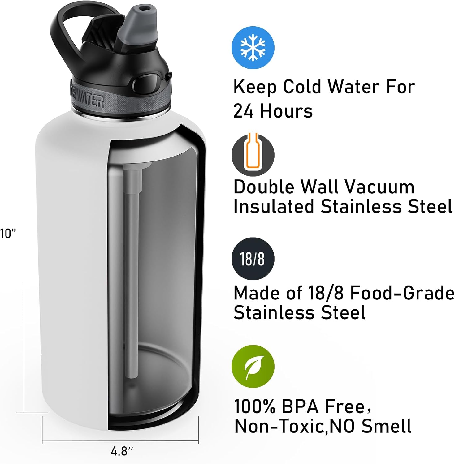ICEWATER -Botella de agua aislada de 64 onzas, medio galón, con popote y asa de transporte, tapa bloqueable a prueba de fugas con boquilla de