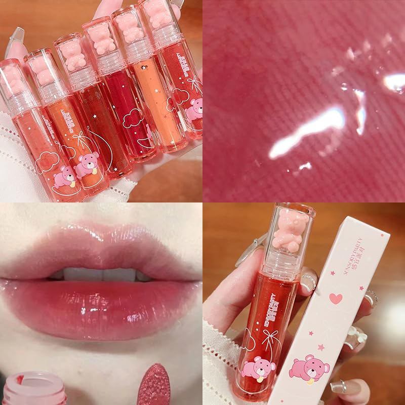 Juego de lápices labiales líquidos hidratantes de oso de 6 colores, lindo oso gelatina, juego de esmalte de labios dulce hidratante, maquillaje de
