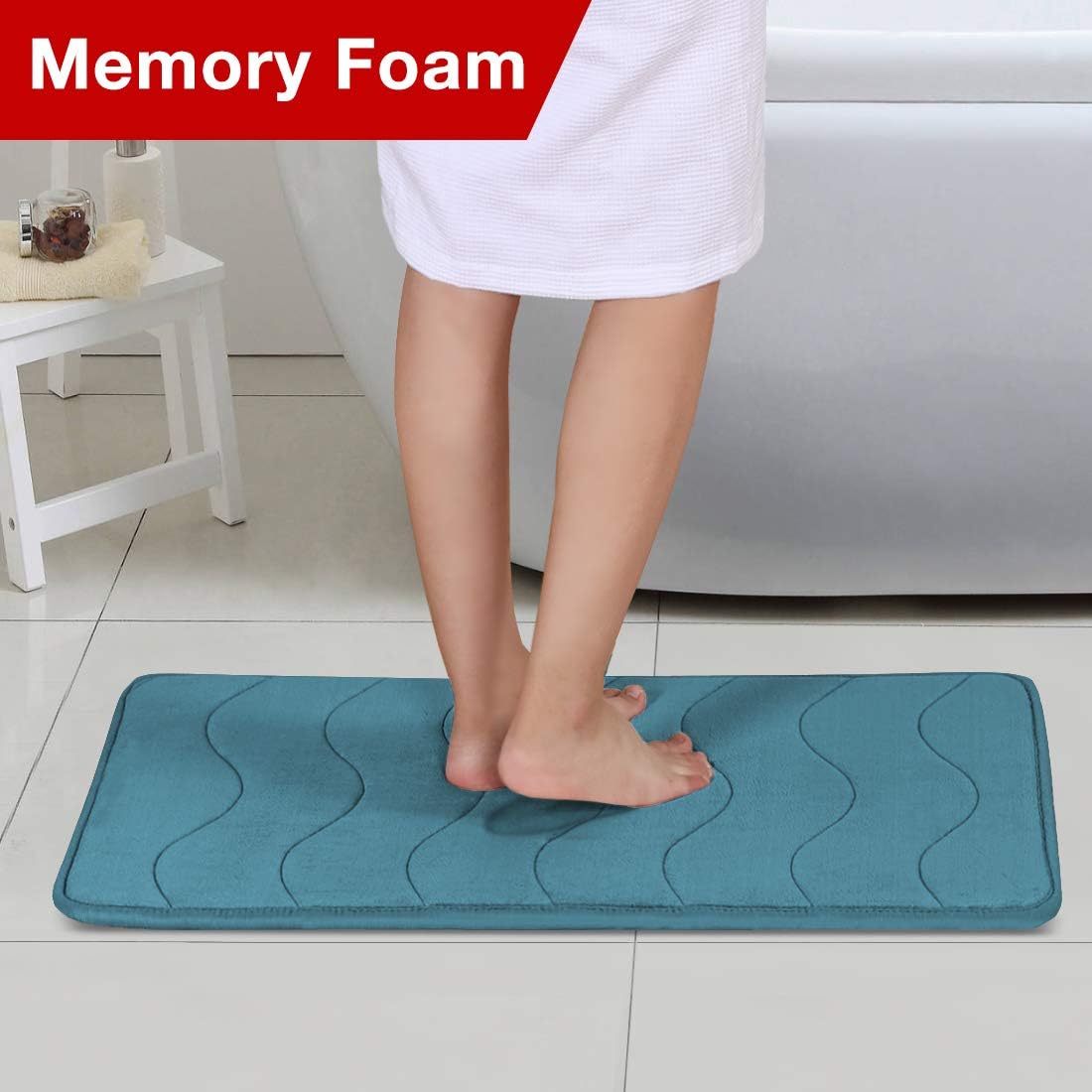 Alfombra de baño de espuma viscoelástica de lujo, diseño ondulado de Flamingo P , Goma, Dark Teal, 20″ x 32″