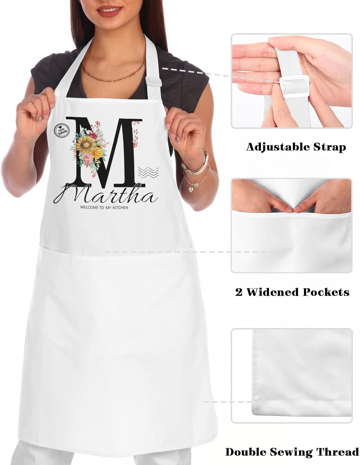 Delantales personalizados para mujer, diseño de letra inicial floral, delantal personalizado, delantal de chef ajustable con 2 bolsillos