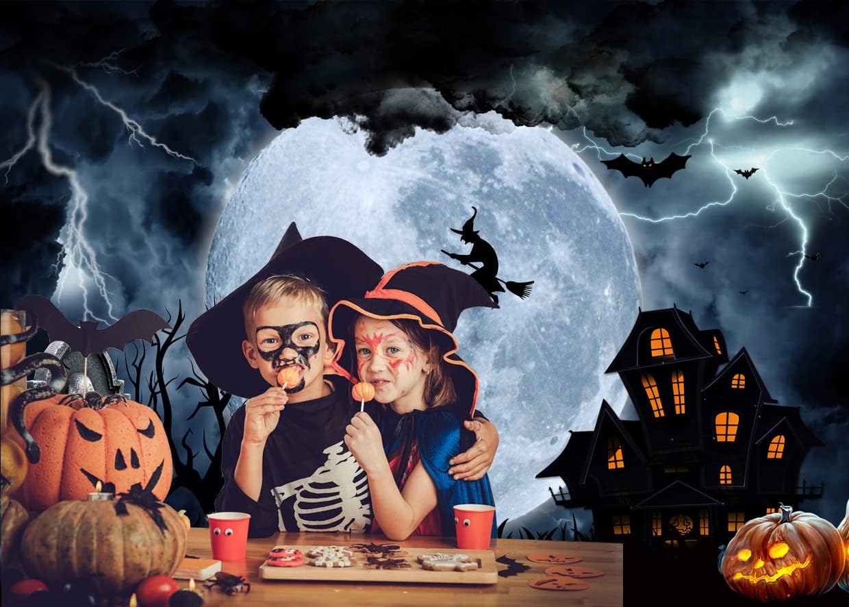 AIIKES Telón de fondo de Halloween de 10 x 8 pies, telón de fondo de noche de terror de luna grande, fondo de fotografía de castillo de bruja y