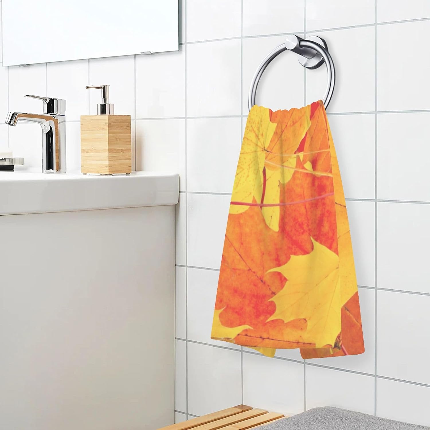ZOEO Juego de 2 toallas de mano de baño de hojas de otoño de naranja, toallas absorbentes de algodón suave y transpirable para baño, cocina, hotel,