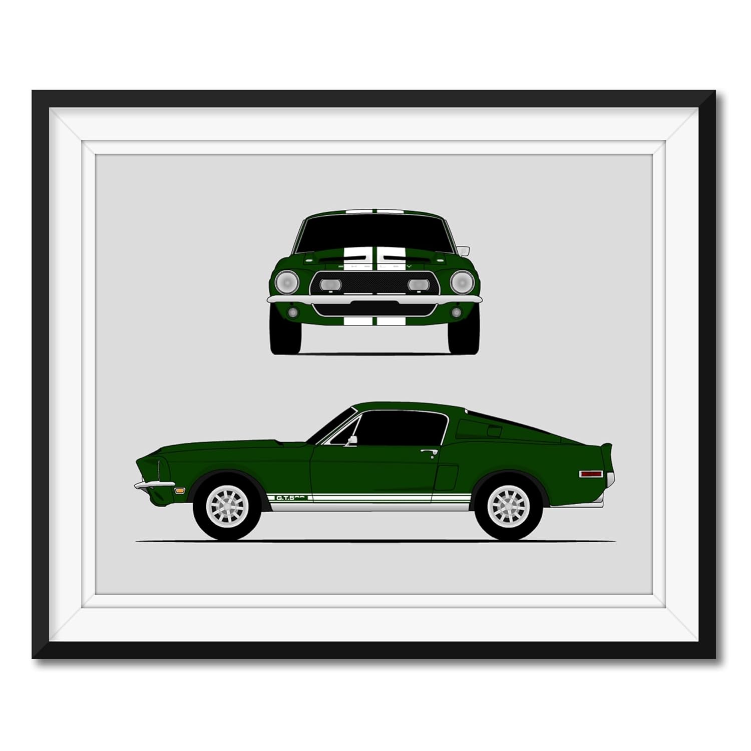 Ford Mustang 1968 Shelby GT500KR Cobra (Front and Side) Inspired Poster Print Wall Art Decor Handmade Carroll Shelby S1 (Unframed)