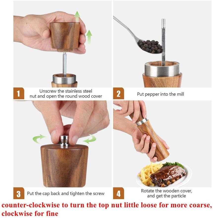 Juego de 2 molinillos de madera de acacia para sal y pimienta de 10 pulgadas, kit de molinillo de pimienta manual con grosor ajustable (juego de