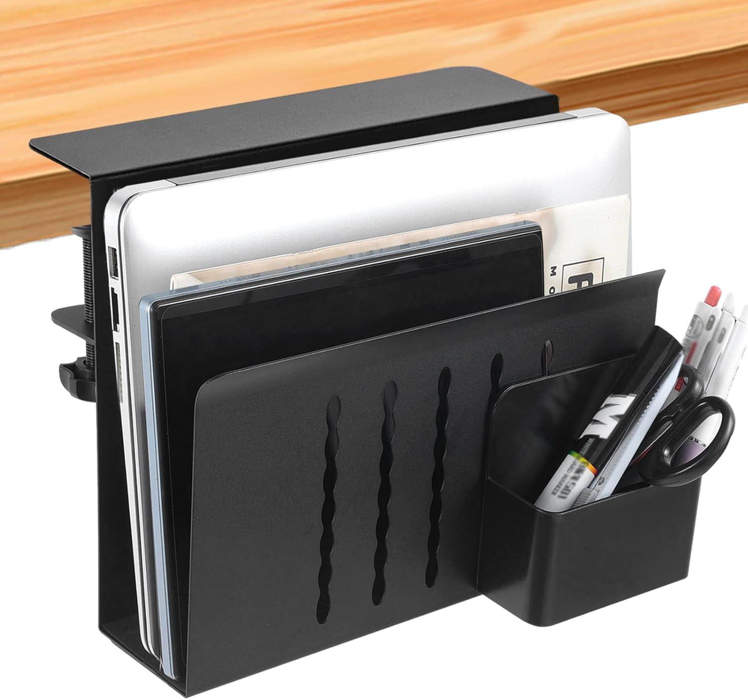 MILEGI Almacenamiento lateral de escritorio, soporte vertical para laptop debajo del escritorio, organizador de escritorio colgante sin taladros,