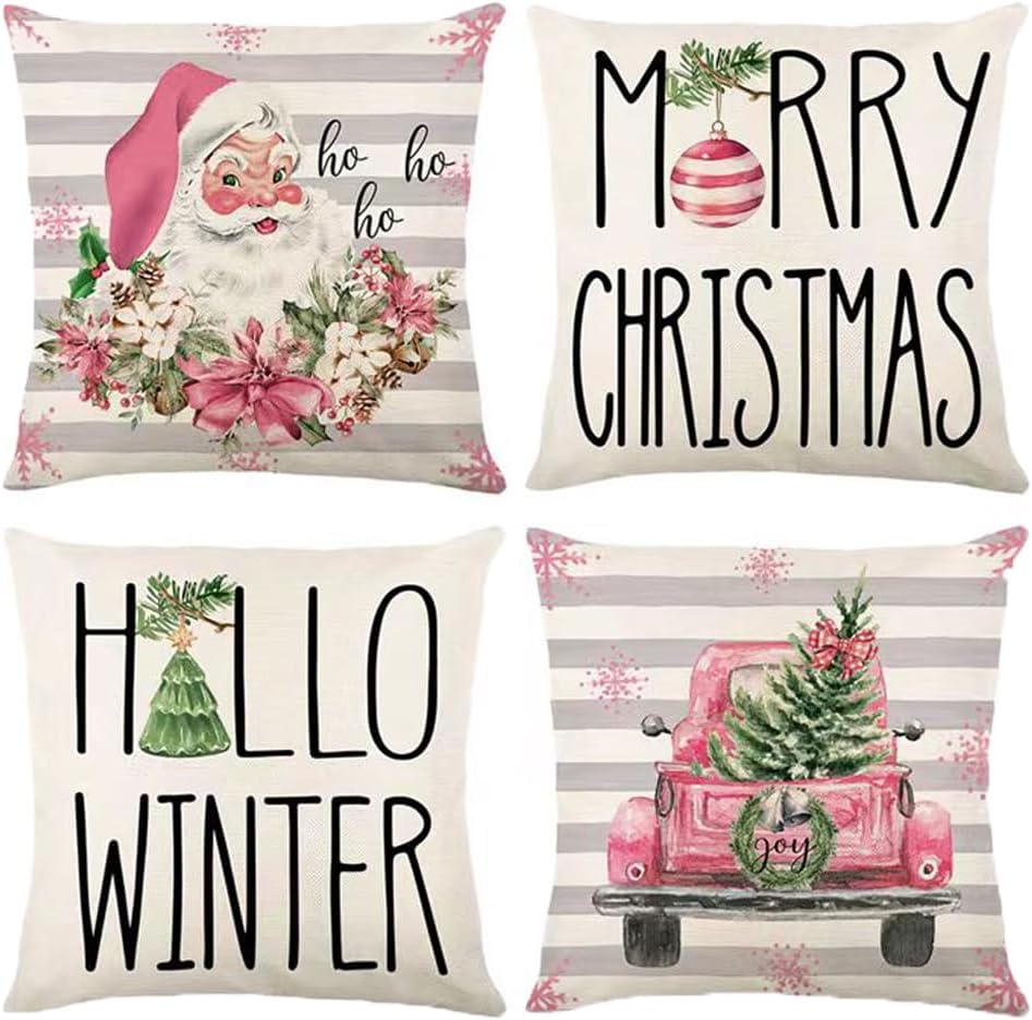 HOOLRO 4 fundas de almohada familiares de Navidad de 18 x 18 pulgadas, fundas de almohada de Navidad rosa con texto en inglés “Merry Winter”, fundas