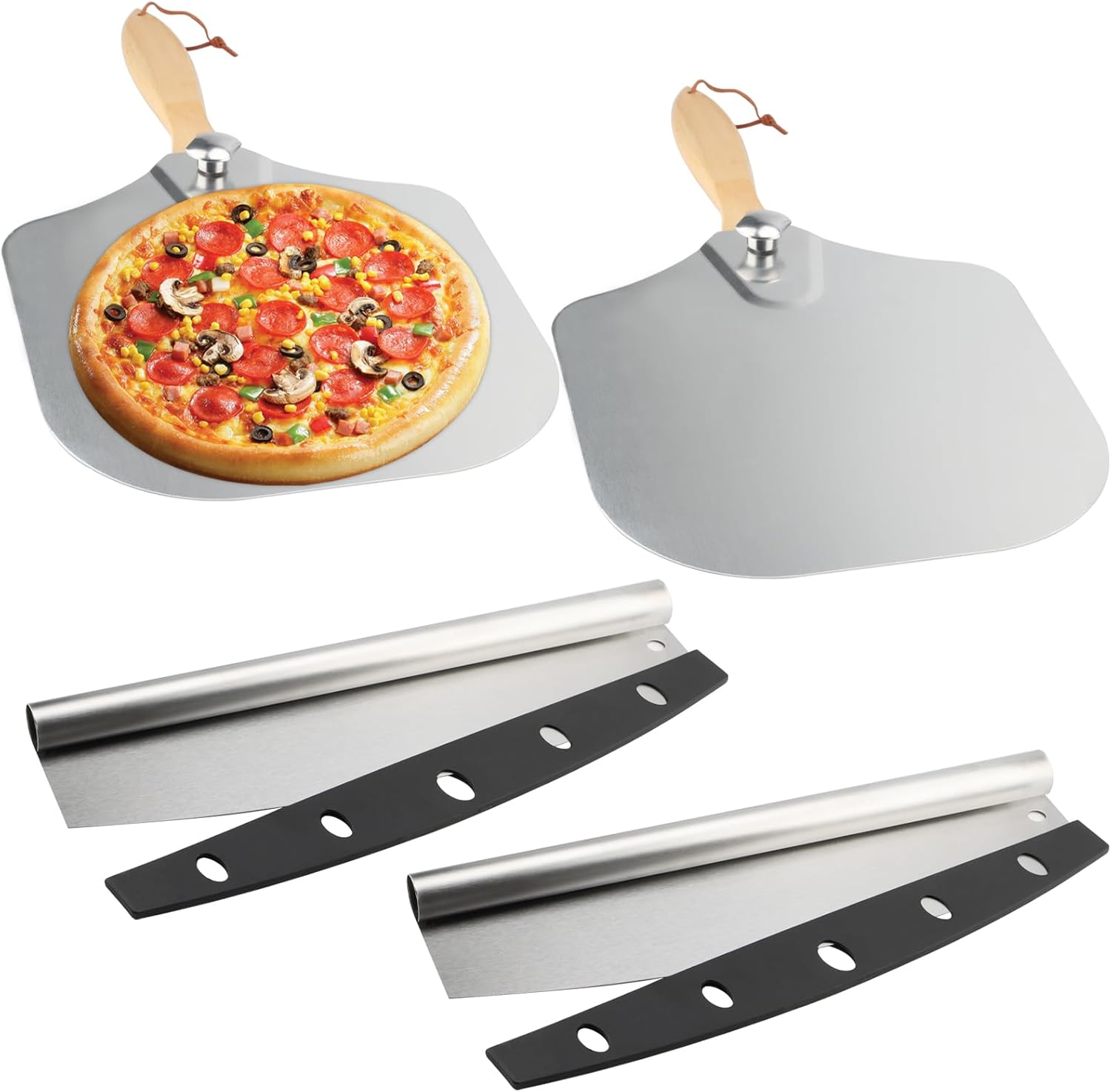 4 unidades de 12 x 14 pulgadas para pizza con 2 basculantes para cortar pizza, pala de pizza de metal de aluminio con mango de madera plegable para