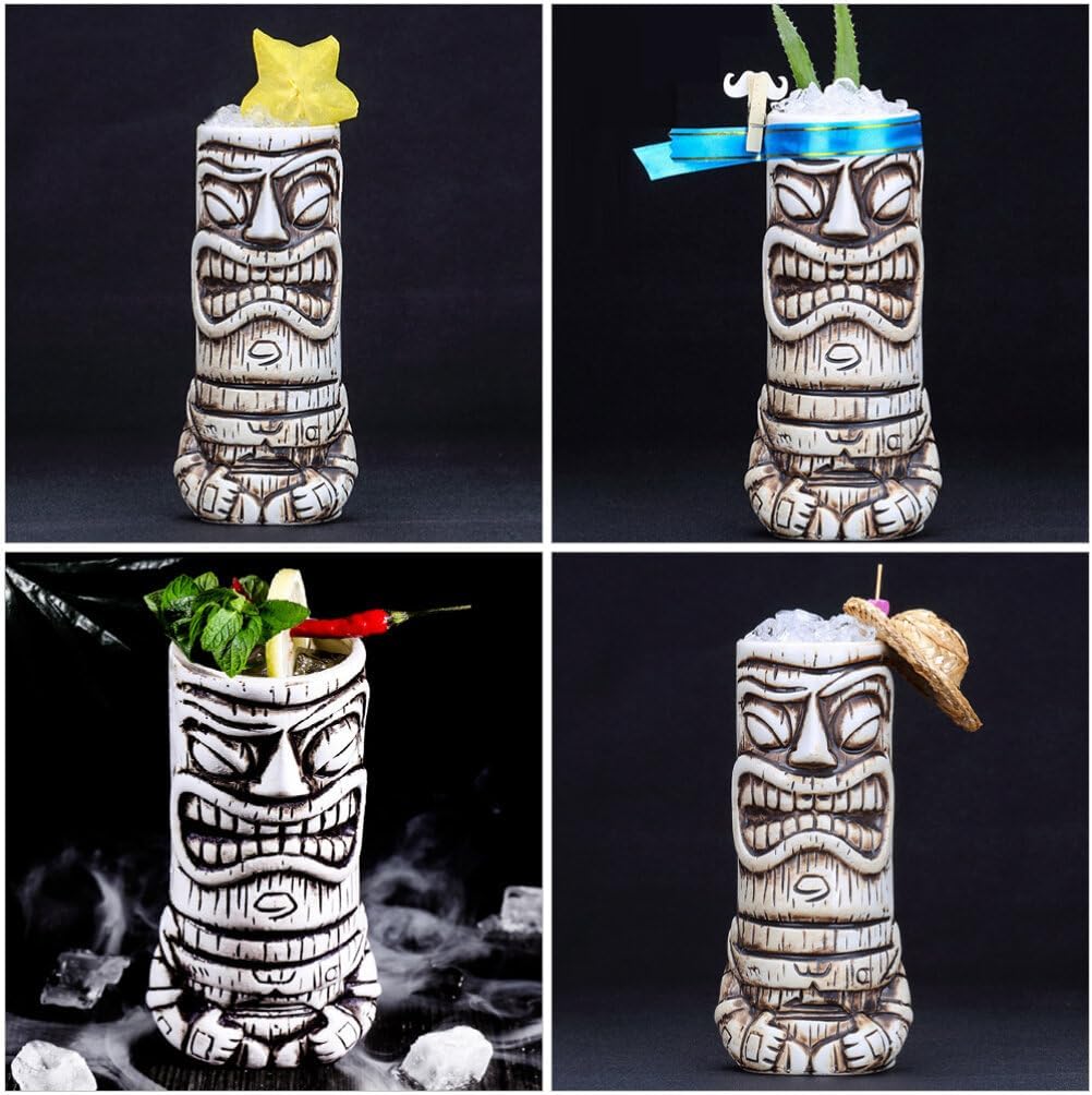 NUOBESTY Taza de café de cerámica Tiki de 17.9 fl oz, tazas de cóctel, tazas de cerámica hawaiana para fiesta, vasos tropicales para boda,