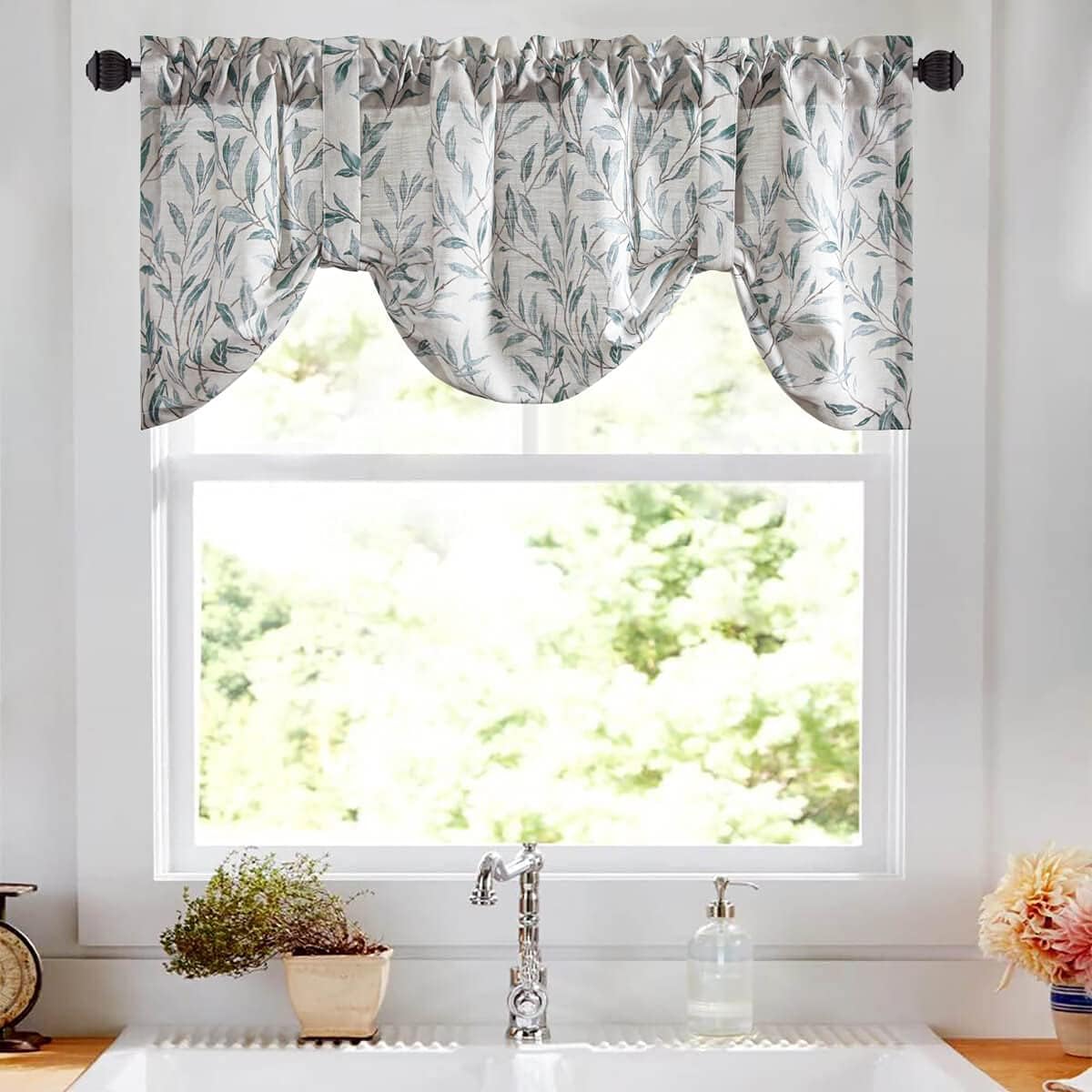 VOGOL Cenefa de amarre para ventanas de cocina, cortinas de amarre para ventanas con estampado de hojas azules, cortinas ajustables de globo,