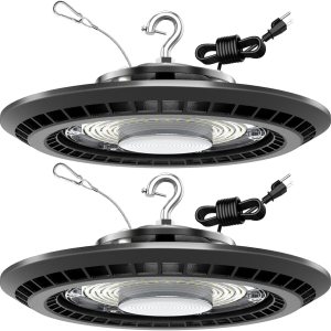 Paquete de 2 luces LED de alta bahía de 100 W, 12,000 lm y 5000 K luz diurna, IP66 impermeable con enchufe estadounidense y cable de 5 pies, ideal Paquete de 2 luces LED de alta bahía de 100 W, 12,000 lm y 5000 K luz diurna, IP66 impermeable con enchufe estadounidense y cable de 5 pies, ideal