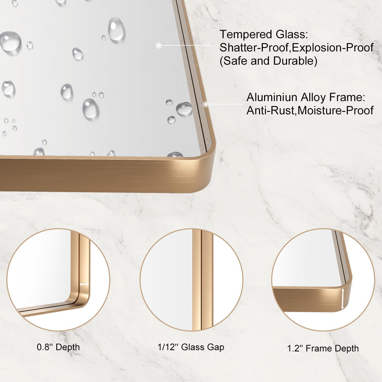 LOAAO Espejo de baño dorado de 24 x 36 pulgadas, espejo rectangular redondeado con marco dorado, espejo de tocador de baño dorado cepillado montado