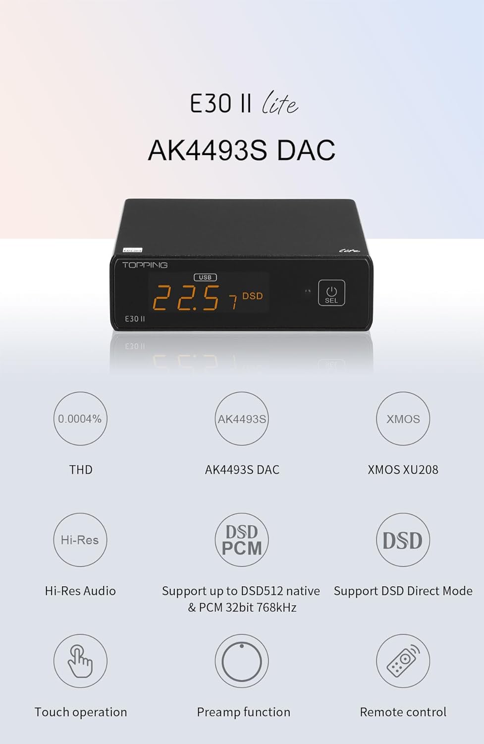 Topping E30II Lite AK4493S DAC Audio de alta resolución XMOS AU208 Touch Operación Preamplificador Decodificador (negro)