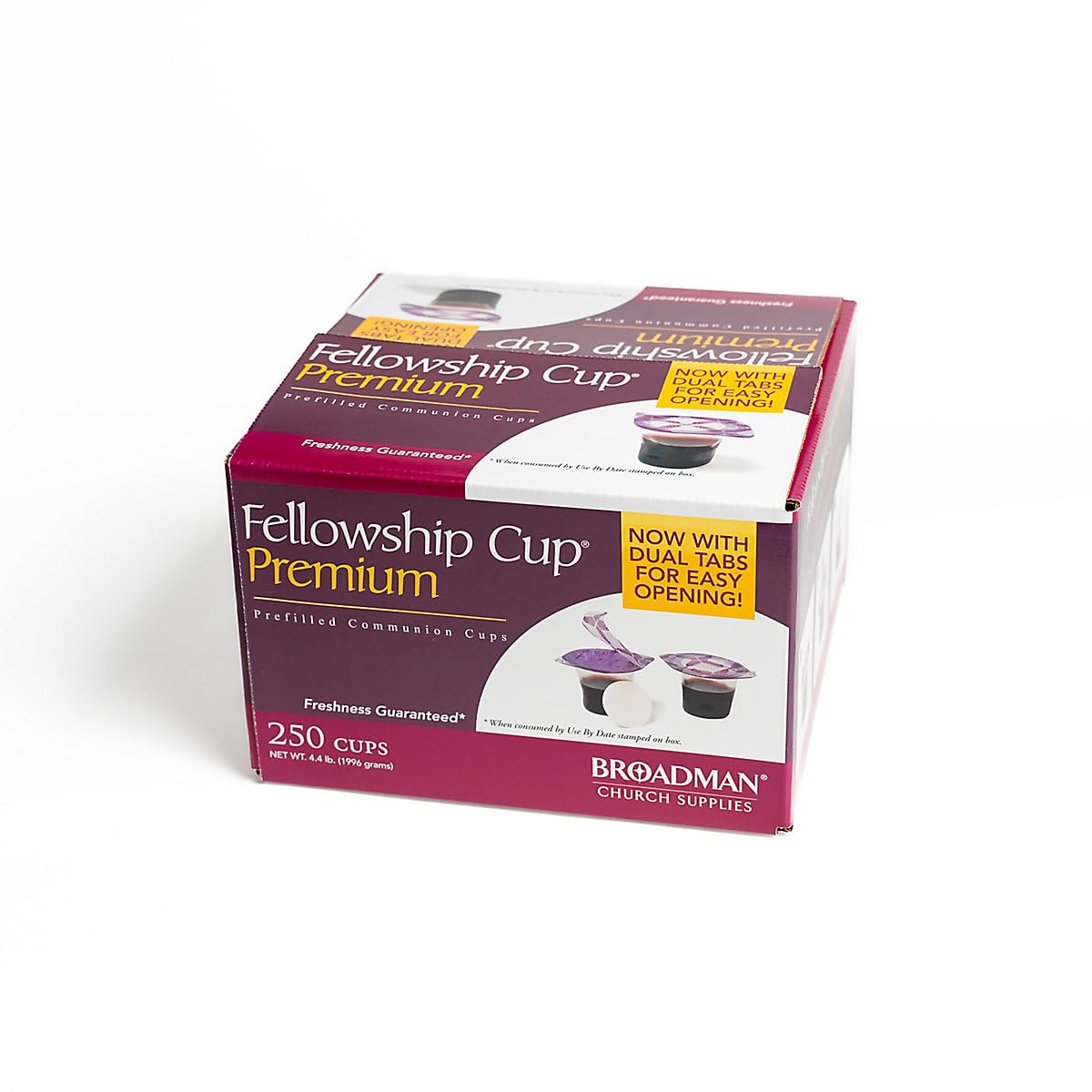 Broadman Church Supplies, Doble pestaña premium fácil de abrir, taza de comunión precargada, mezcla de jugo de uva 100% Concord y juego de obleas,