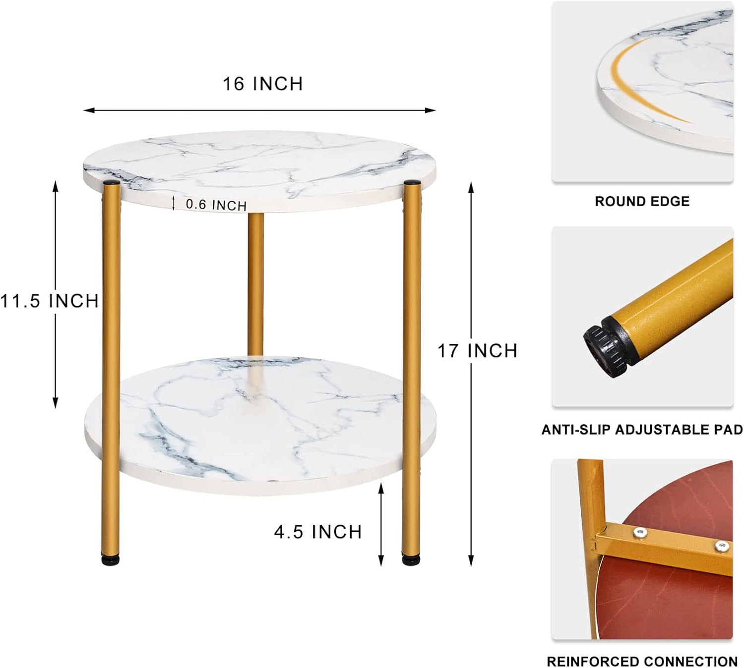 Mesa auxiliar de mármol blanco de 2 niveles, pequeña mesa auxiliar dorada redonda y moderna, mesita de noche para dormitorio y sala de estar, 16