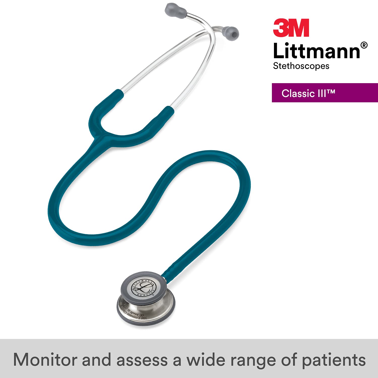 3M Littmann Classic III – 5623 – Estetoscopio de control, tubo color azul caribeño, 27 pulgadas. 40007 – Etiqueta de identificación de estetoscopio