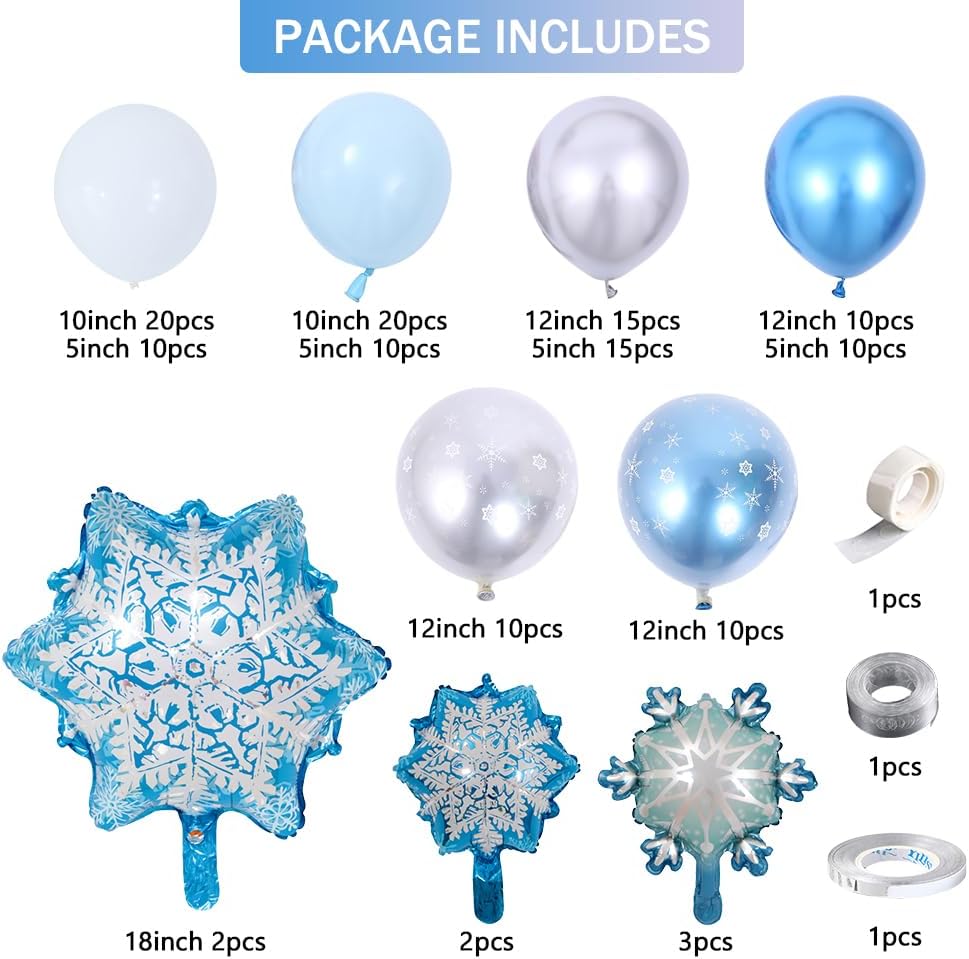 Kit de arco de guirnalda de globos de copo de nieve azul con copos de nieve con globos de látex plateados y azules y blancos, juego para invierno de