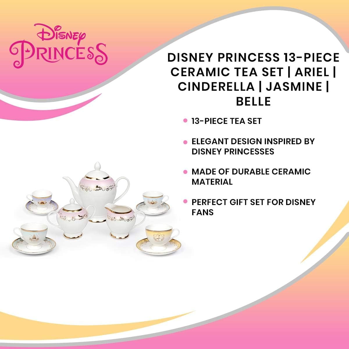 Disney Princess – Juego de té de cerámica de 13 piezas, Ariel, Cenicienta, jazmín, belle, aurora, juego de regalo de fiesta de té para cocina en el