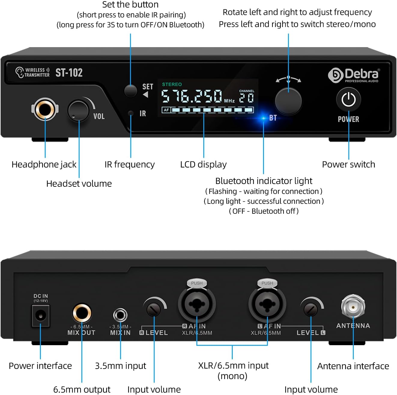 D Debra PRO ST-102 UHF – Sistema de monitor inalámbrico inalámbrico en oído, IEM inalámbrico con carrocerías y auriculares, transmisor y receptor de