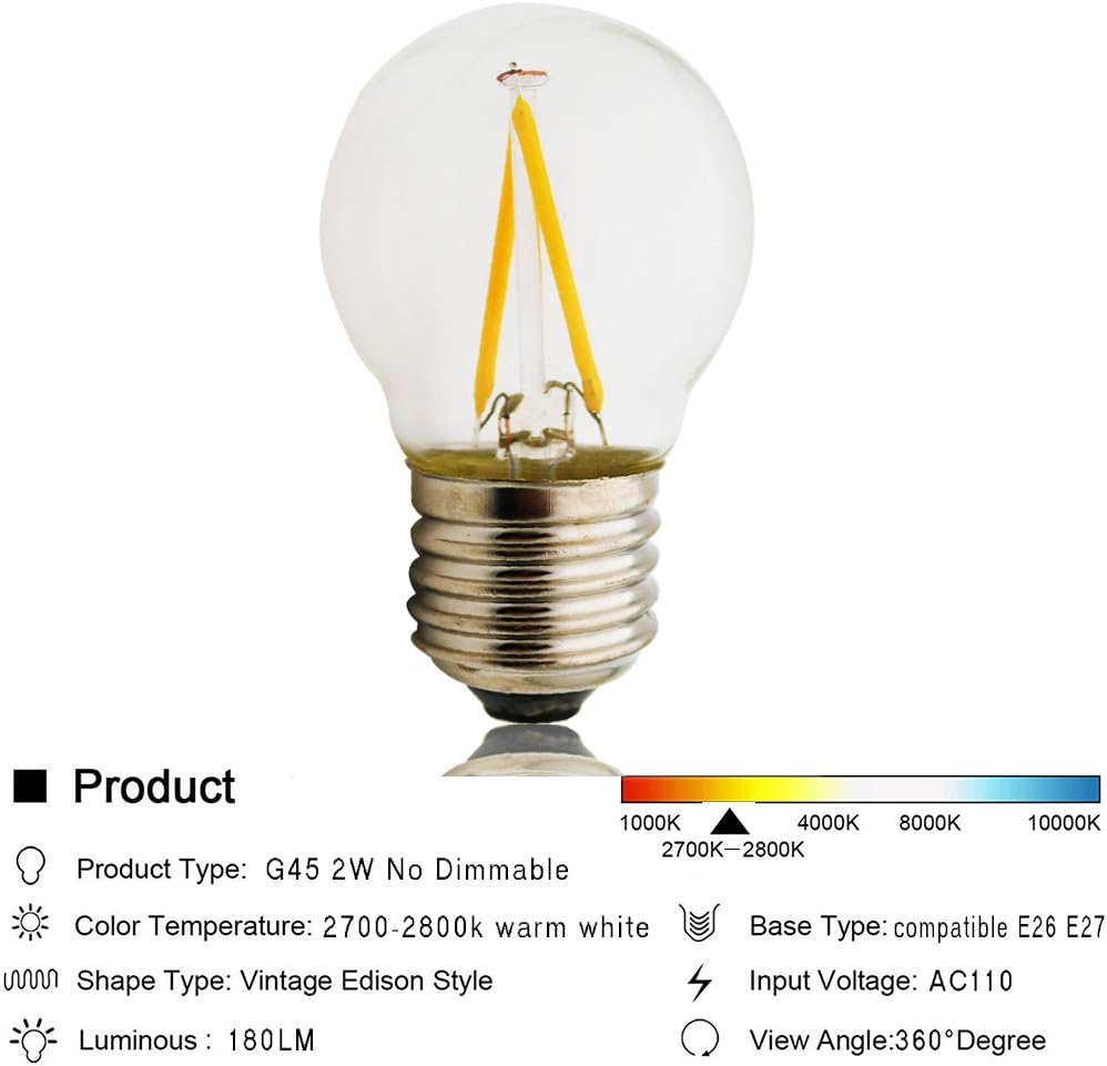 Bombilla LED Edison vintage de 2 W, 2700 K-2800 K, blanco cálido, equivalente a 10 W, 180 lúmenes, no regulable, E26E27 base media G45 bombillas de