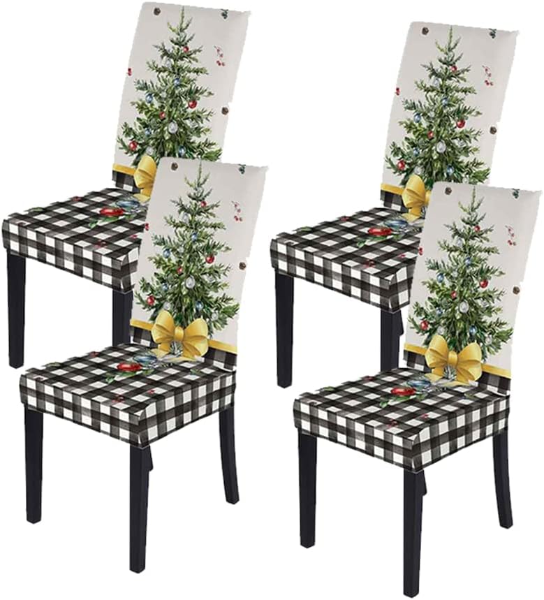 Juego de 4 fundas para sillas de comedor de Navidad, fundas elásticas para sillas Parsons, diseño de árbol de Navidad a cuadros, decoración de