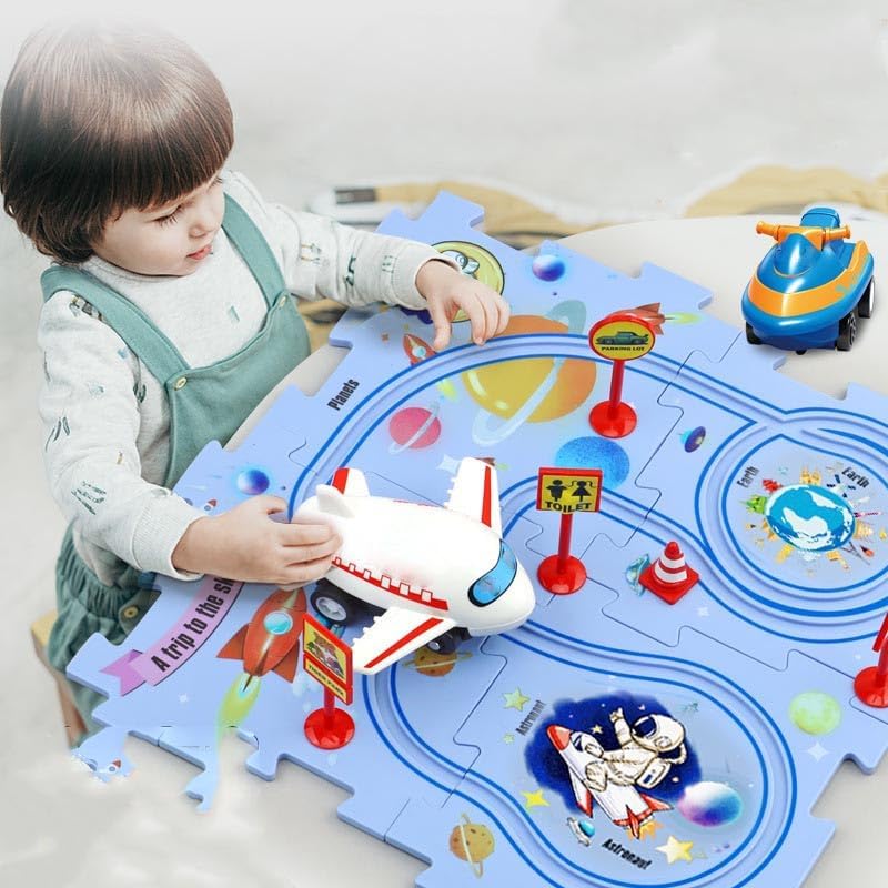 Carrito eléctrico de montaje de 25 piezas, juego de rompecabezas educativo para niños, rompecabezas de pista de automóvil con lindo vehículo,