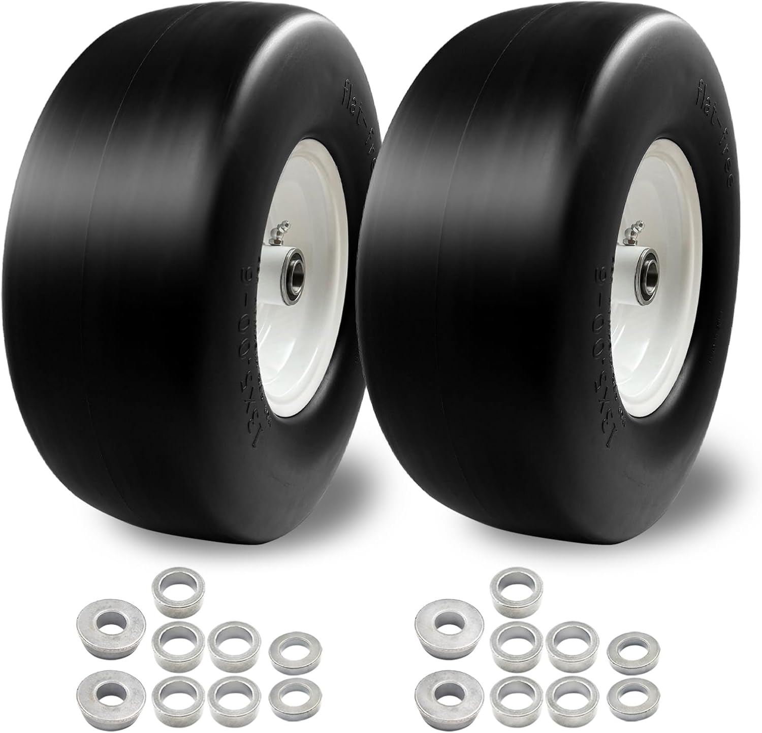 2Pcs 13×5.00-6 Flat Free Tire and Wheel for Lawn Mowers & Zero Turn Mowers, with 34″ & 58″ Grease Bushing and 3.25″-5.9″ Centered Hub,Solution for