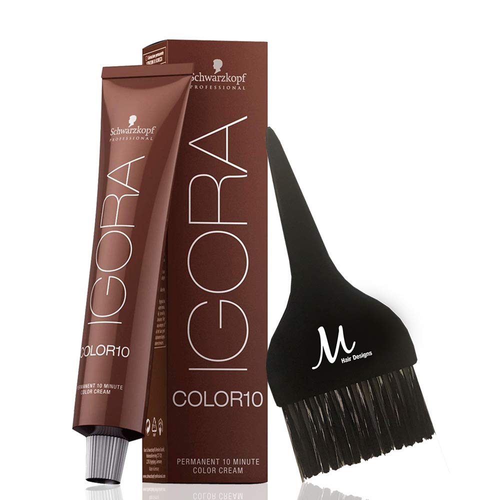 Igora Color 10 6-0 Rubio oscuro natural permanente 10 minutos coloración para el cabello Cream and M Hair Designs Tint Brush (paquete de 2 artículos)