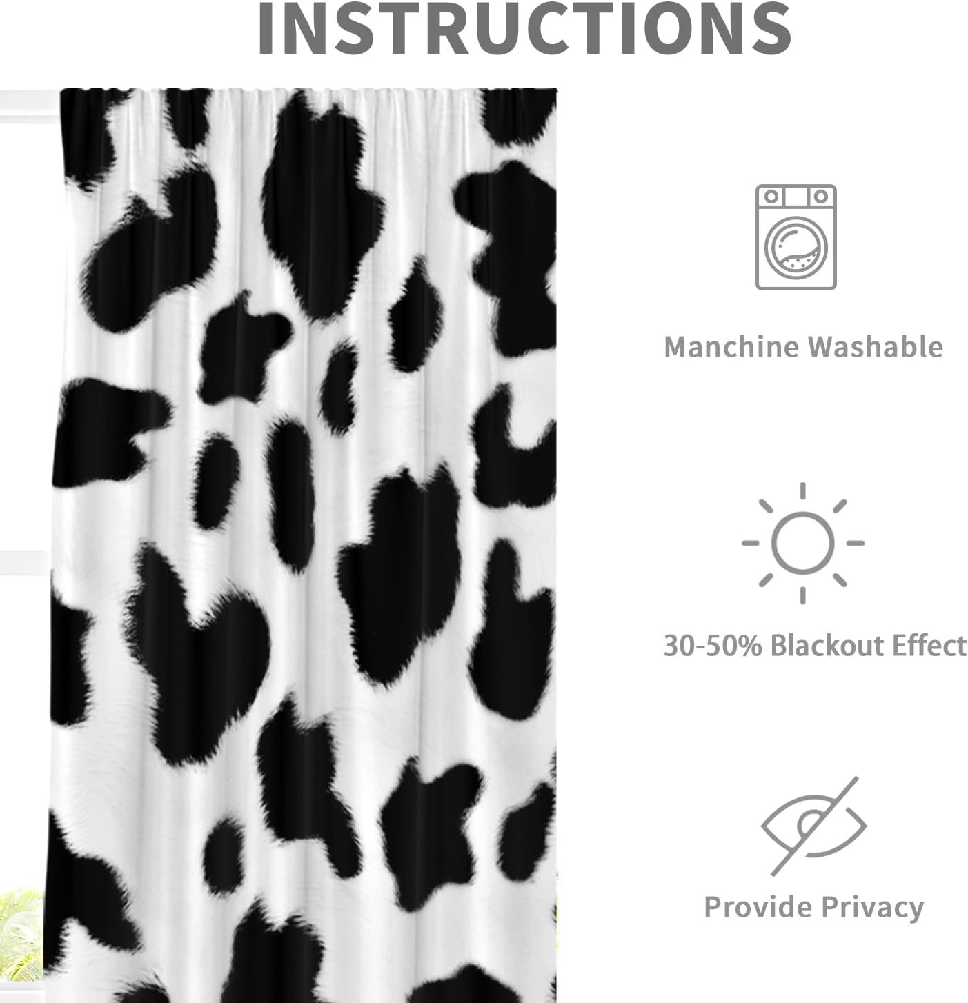 EGLGCC Cortinas con estampado de vaca para habitación larga, lindas vacas blancas y negras, 42 pulgadas de ancho x 84 pulgadas de largo, cortina con