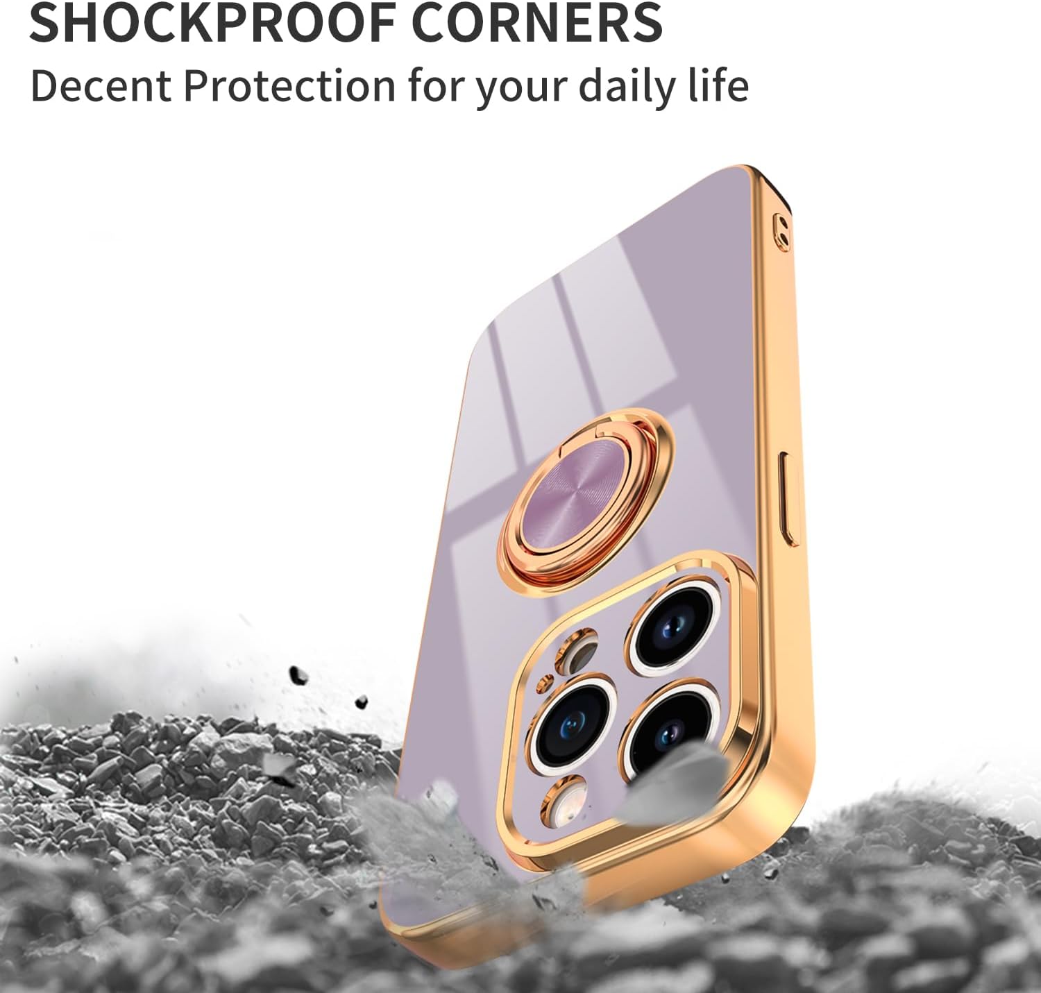 Funda púrpura para iPhone 15 Pro con soporte de anillo con magnético parachoques de TPU suave, cubierta galvanizada dorada con purpurina, funda